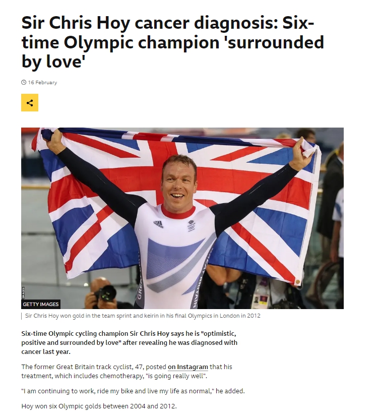 奥运传奇克里斯·霍伊确诊癌症晚期仍保持乐观心