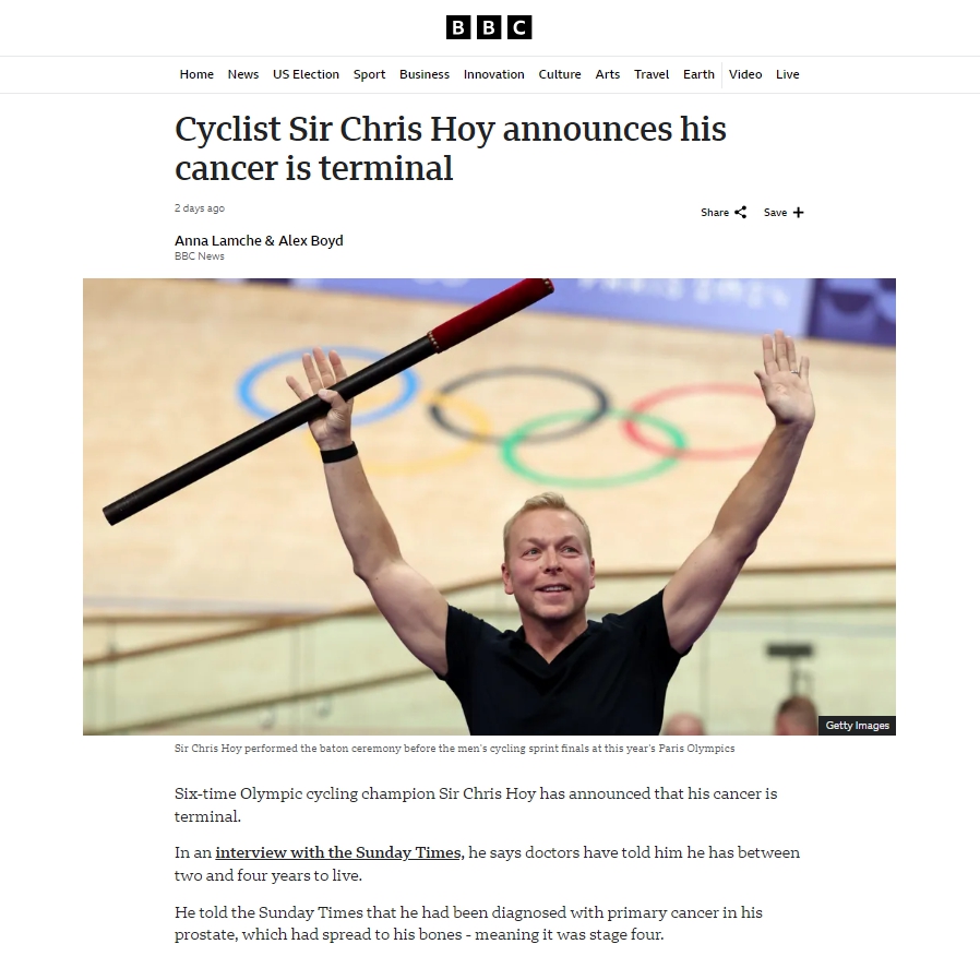 奥运传奇克里斯·霍伊确诊癌症晚期仍保持乐观心